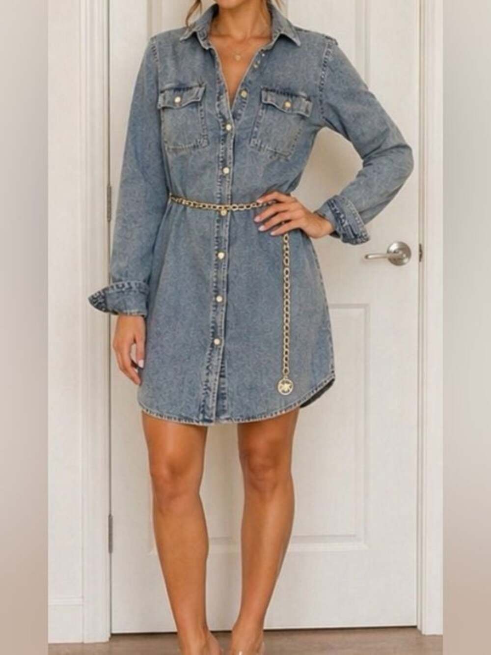 Michael Kors Denim Shirt Dress – Gold Chain Belt – Button Down – Size S